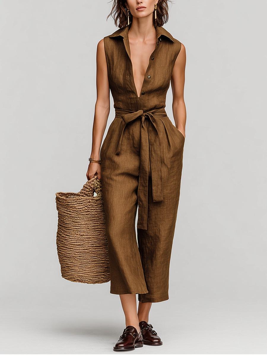 Spring Vintage Neutral Style Sleeveless Lapel Lace-Up Jumpsuit, Women s Clothing S