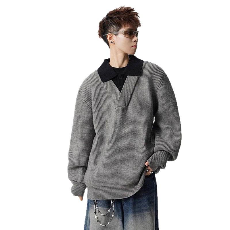 Men's American Retro Faux Two-Piece Polo Collar Sweater - Autumn/Winter Clean Fit Loose Casual Knitwear