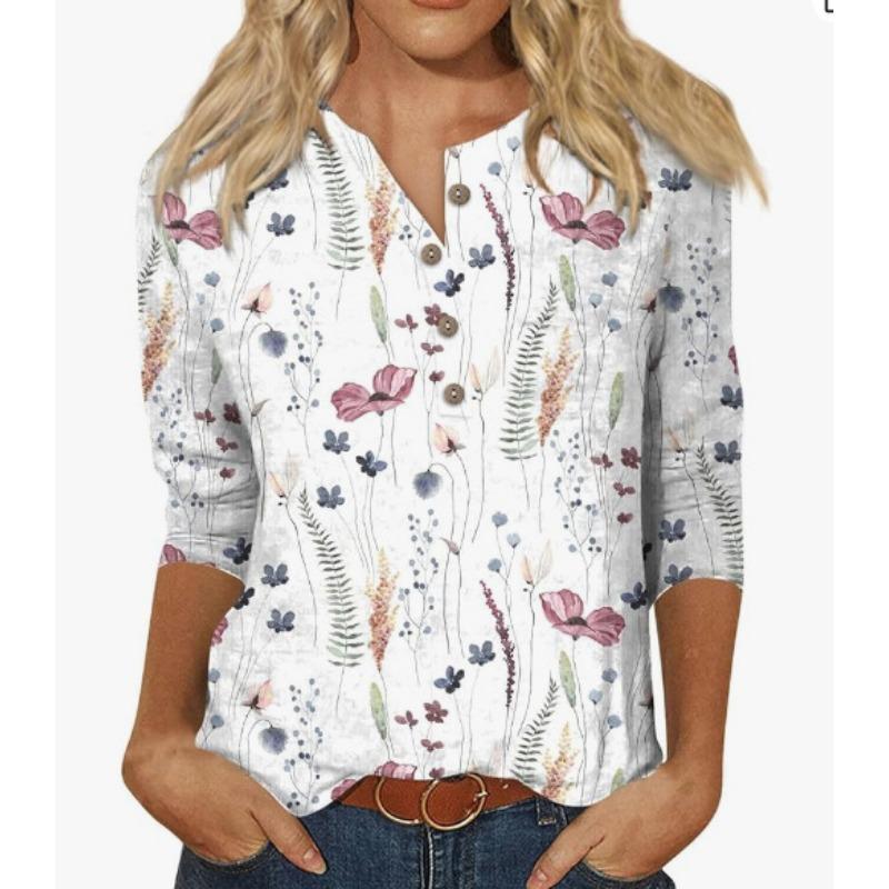 Button V-neck 3D Printed Top Fashionable Casual Long Sleeved Women's T-shirts