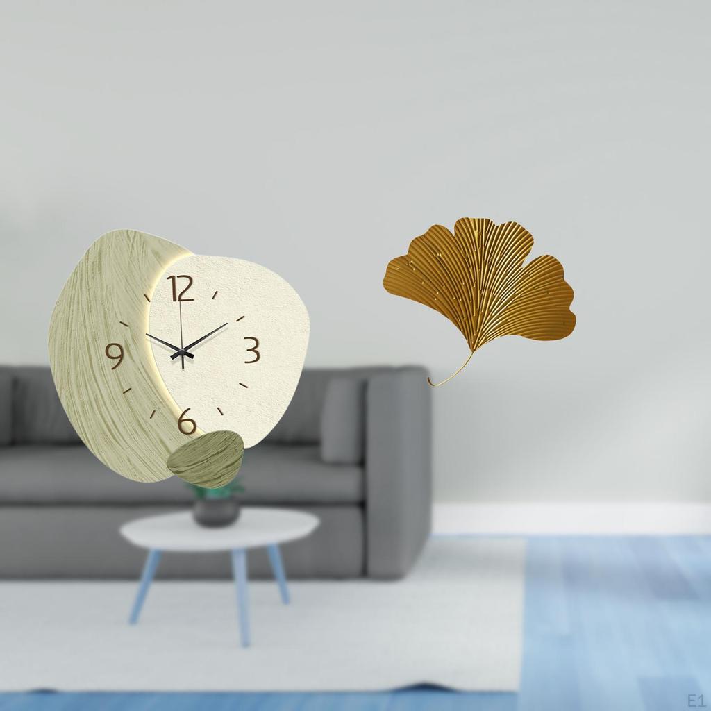 Silent Cartoon Wall Clock with Wrought Iron Ginkgo Leaves Abstract Sculpture for Kitchen Office
