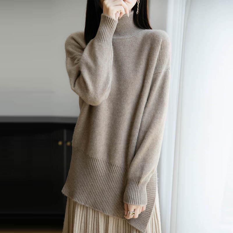 2025 A/W Women's Cashmere Wool Sweater: High Neck, Slit, Loose, Thick, Mid-Length