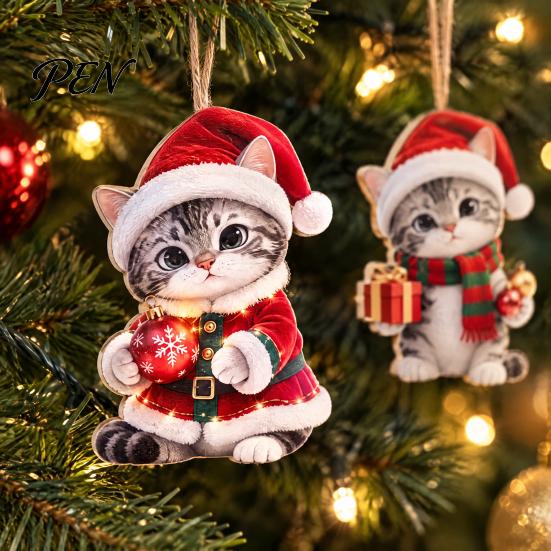 Flat Wood Ornament Cute Kitten Christmas for Tree Hanging, 2D Wooden Rustic Xmas Ornaments Decorative Pendant with Lanyard Home Holiday Party Supplies