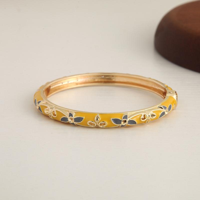 Enamel Floral Bangle Bracelet Gold-Tone Accent Vintage Open Cuff Elegant Bohemian Jewelry For Women Daily Party Gift