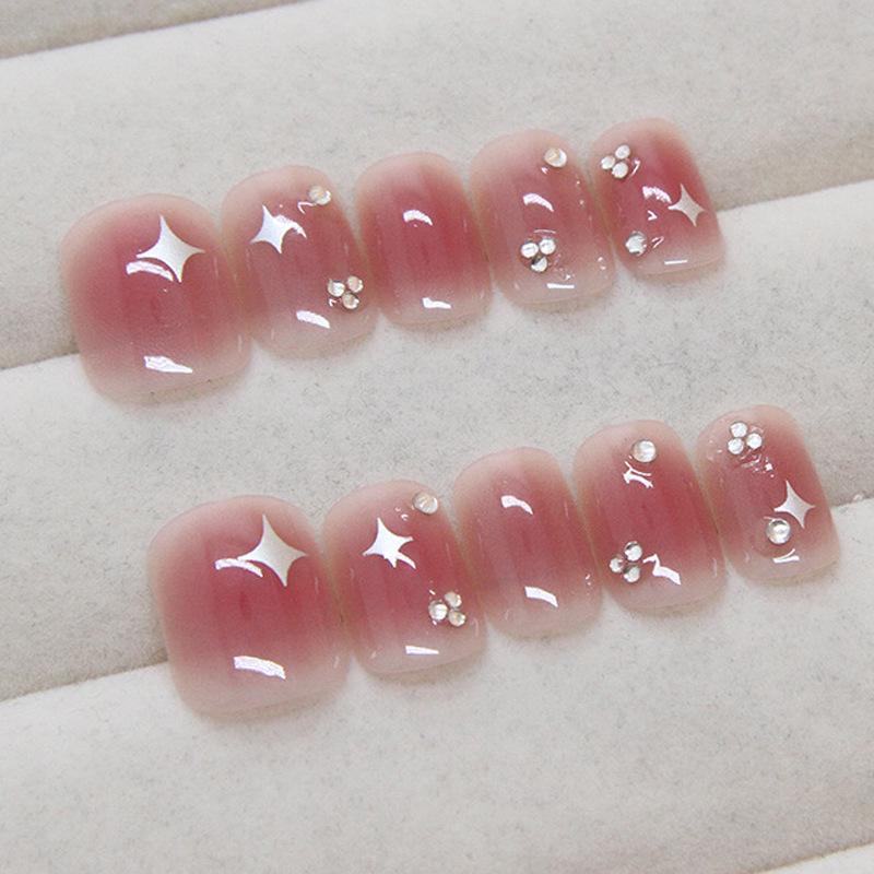Sweet Short Blush Star Pave Diamond Nails - 24 Removable Student Nail Art Patches, One Size Fits All
