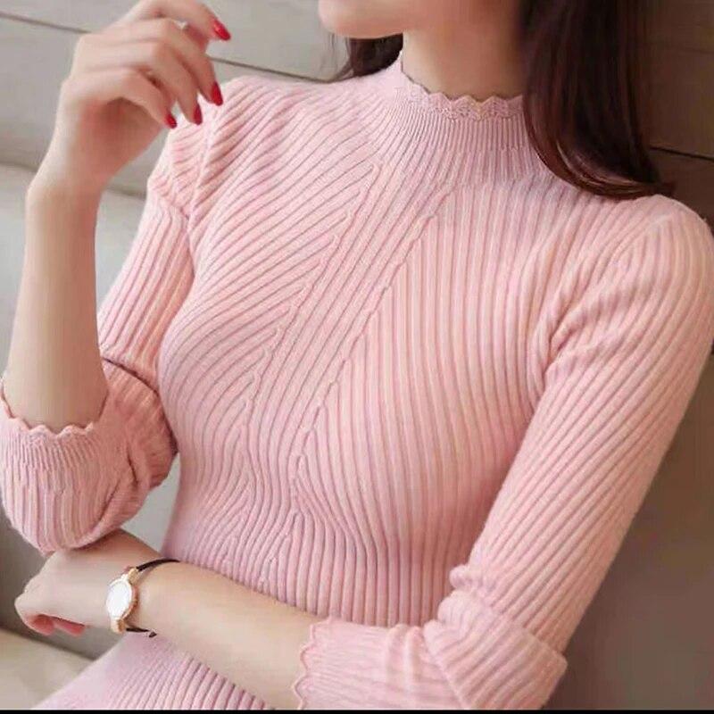 Autumn Women Mock Neck Ruffles Sweater Long Sleeve Knitted Bottoming Solid Pullovers Stripe Women Casual Sweater Winter