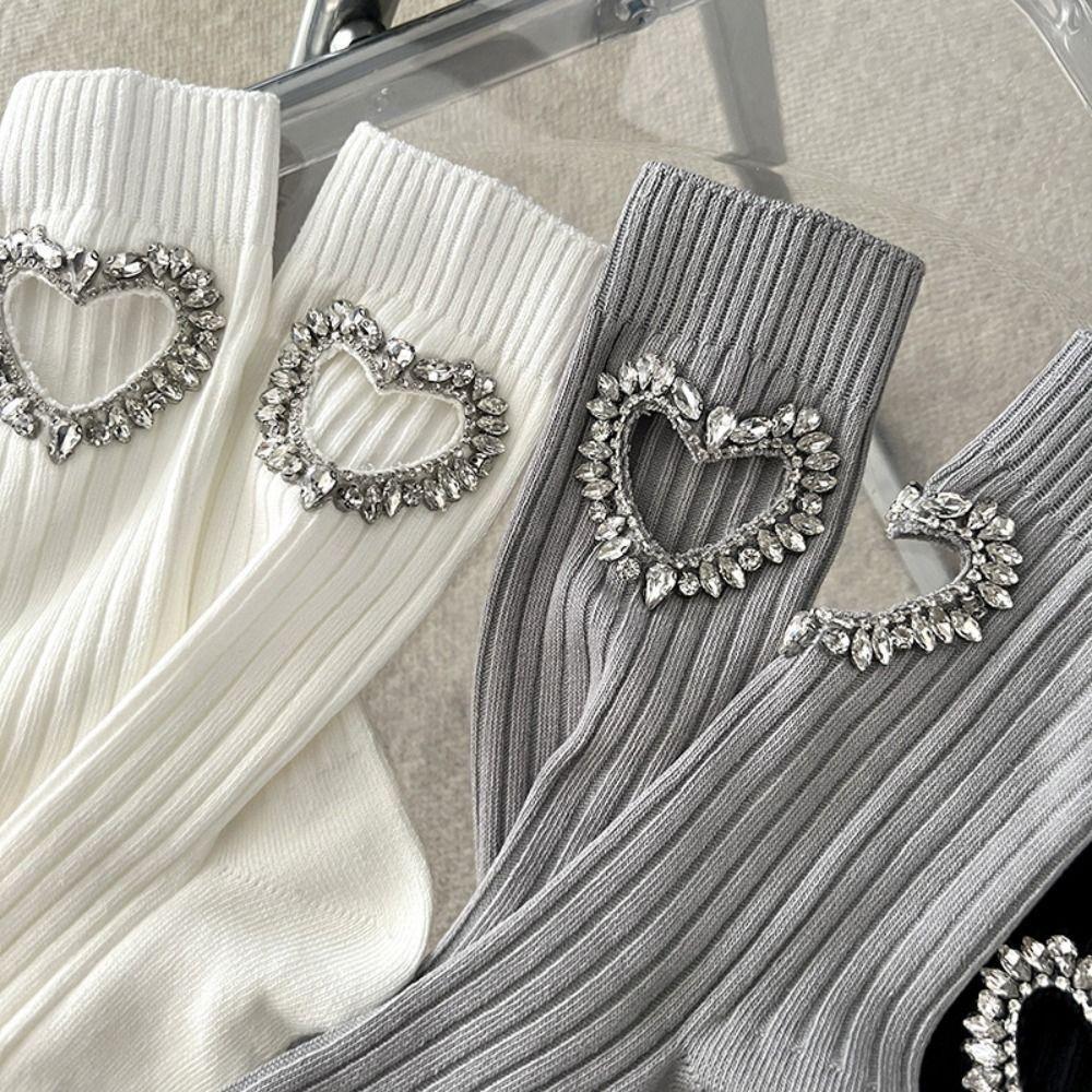 JK Rhinestone Heart Socks Cotton Mid-calf Socks Women Breathable Y2K Tube Socks  Lolita