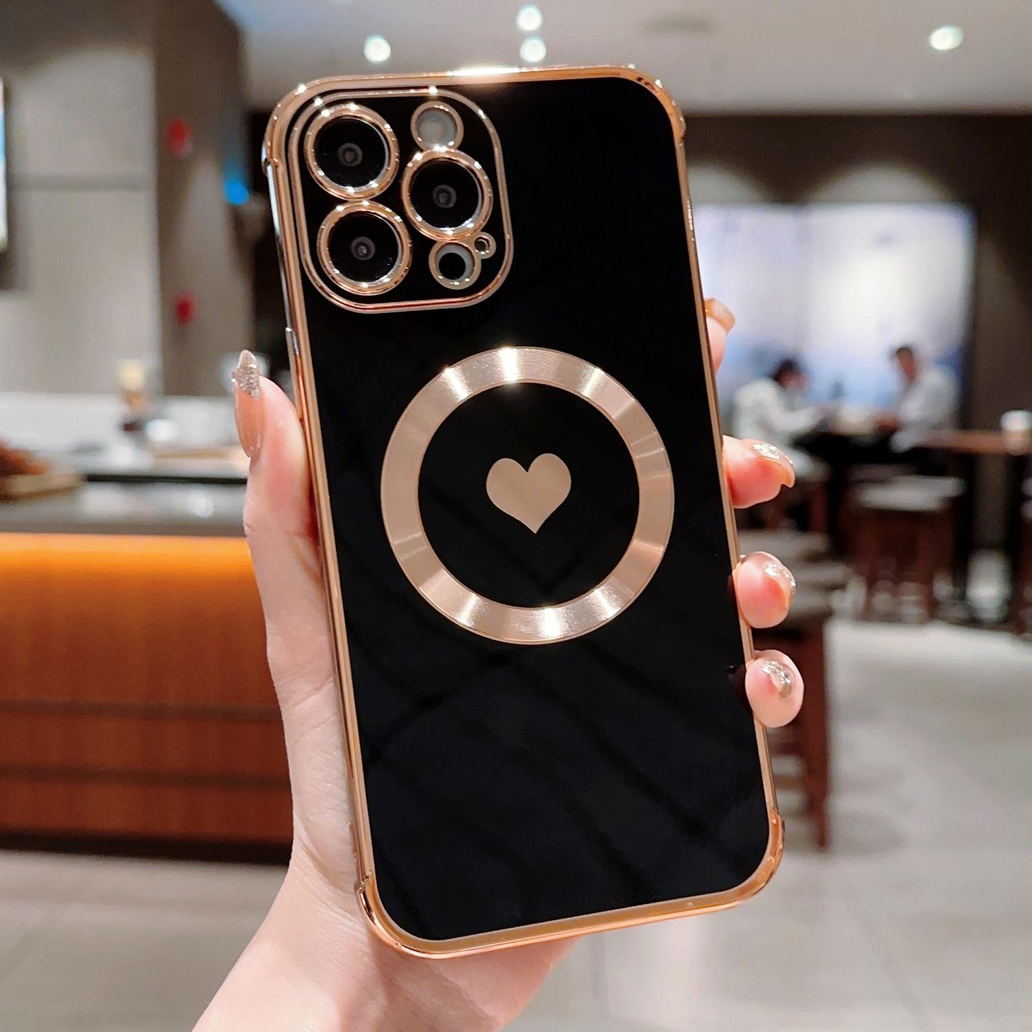 

For iPhone 14 Pro Magnetic Case TPU Electroplating Edge Phone Cover Fashion Cute Side Love Heart Black