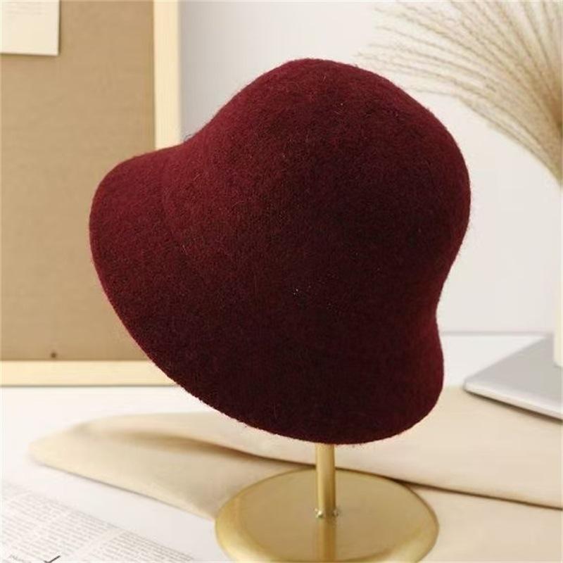 Wool blended bucket hat women's autumn and winter thermal basin hat knitted big face small face hat straight bucket hat women