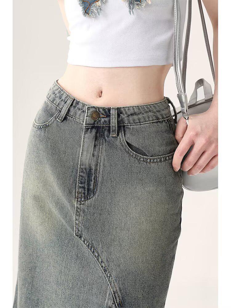 Women's Retro High-Waist Lace Fishtail Denim Midi Skirt