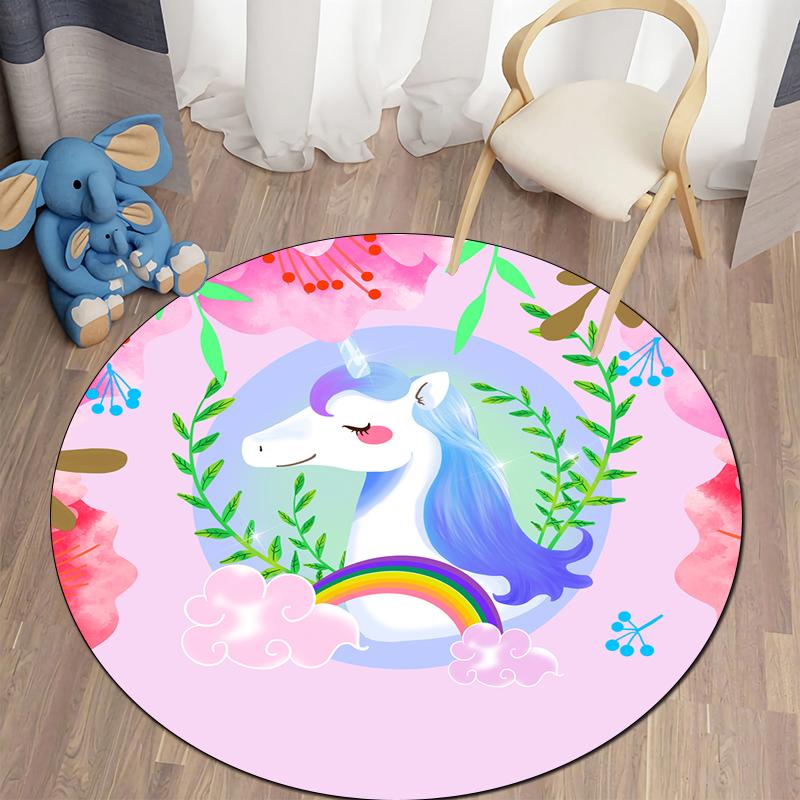 Alfombra redonda con bonitos dibujos de unicornios para dormitorio de niños, alfombra antideslizante para gatear, alfombra para sala de estar, felpudo decorativo para el baño