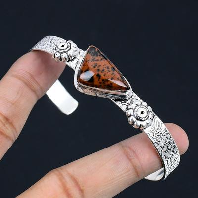Natural Mahogany Obsidian Gemstone Bangle Brown Adjustable 925 Sterling Silver