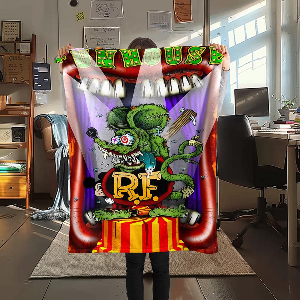 1PC Rat Fink Print Flannel Blanket, High Quality All Seasons, Home Decor, Warmth and Comfort, Perfect for Christmas Gifts
