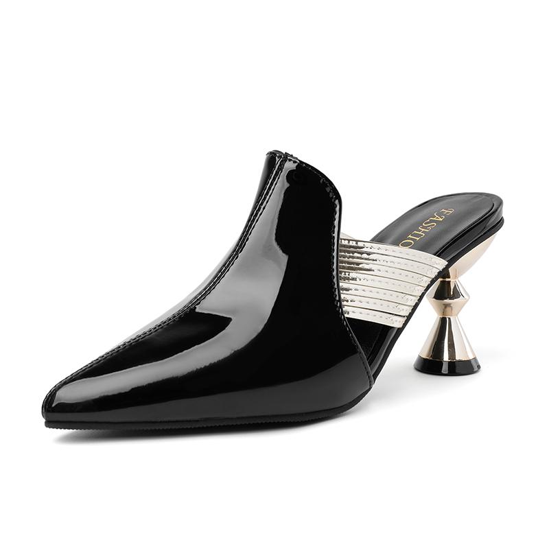 High Heel Slippers Pointed Toe Shoes Women Elegant Mules Shoes Women Black Green Metal Heel Outdoors Womens Slippers Big Size
