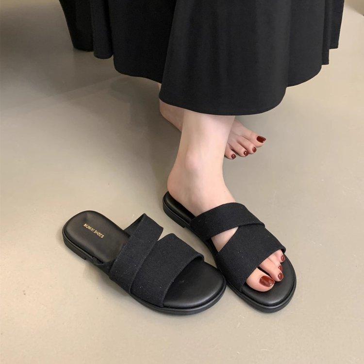 

Niche design sense linen square head open-toed flat-bottomed slippers female summer wear fairy seaside vacation beach sandals 35