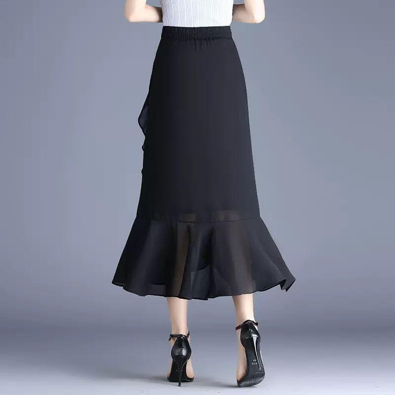Lotus Leaf Side Length Skirt for Women Summer Chiffon Fishtail Skirt Half Body Skirt High Waist A-line Skirt