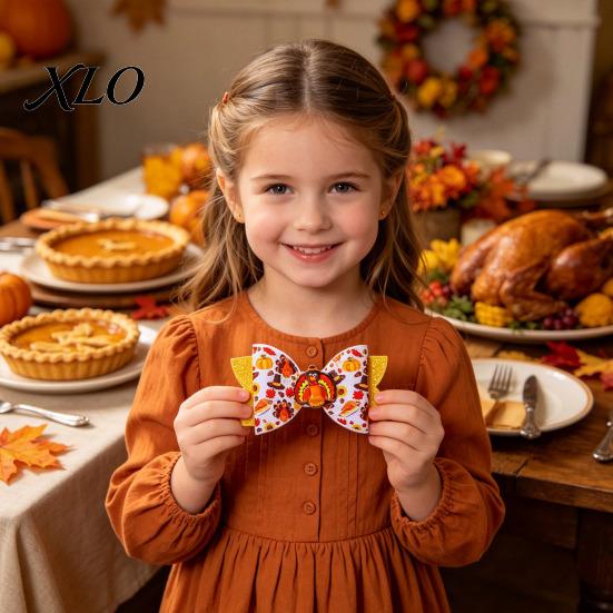 Festival Style Hair Accessories Thanksgiving Turkey Bow Clip for Girls, Decorative Pins, Maple Leaf Pins Double Layer Glitter Clip, Cute Autumn