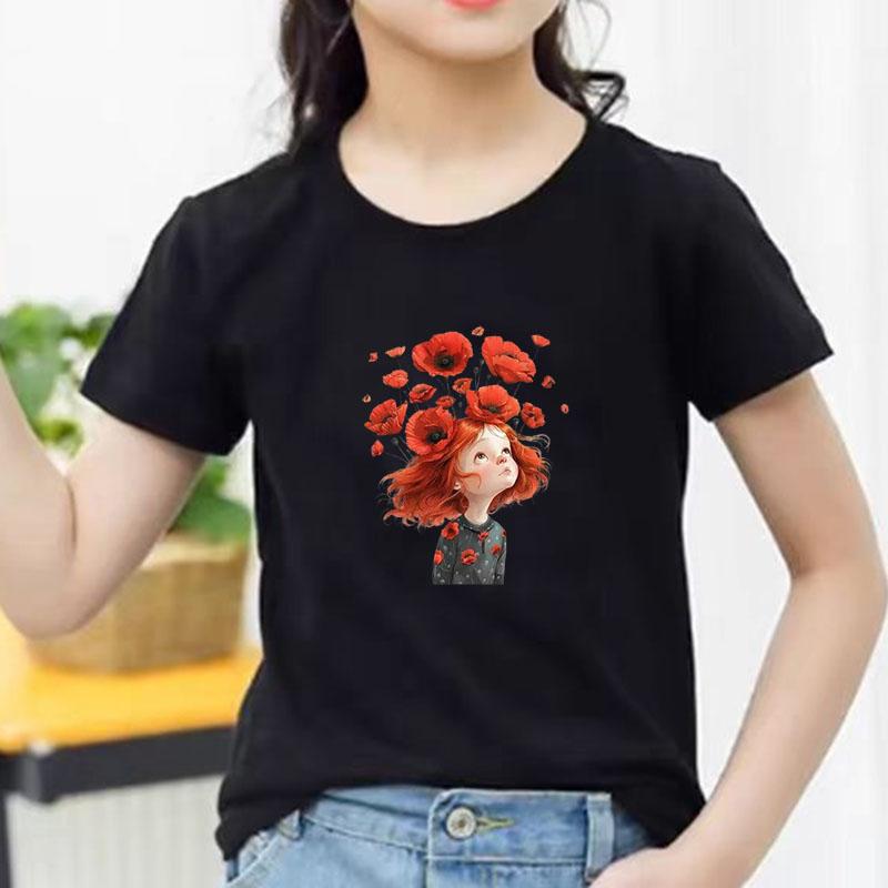 Kids Cotton T Shirt Red Flower Girl Print Crew Neck Short Sleeve Tee Casual Breathable Boys Girls Summer Tops
