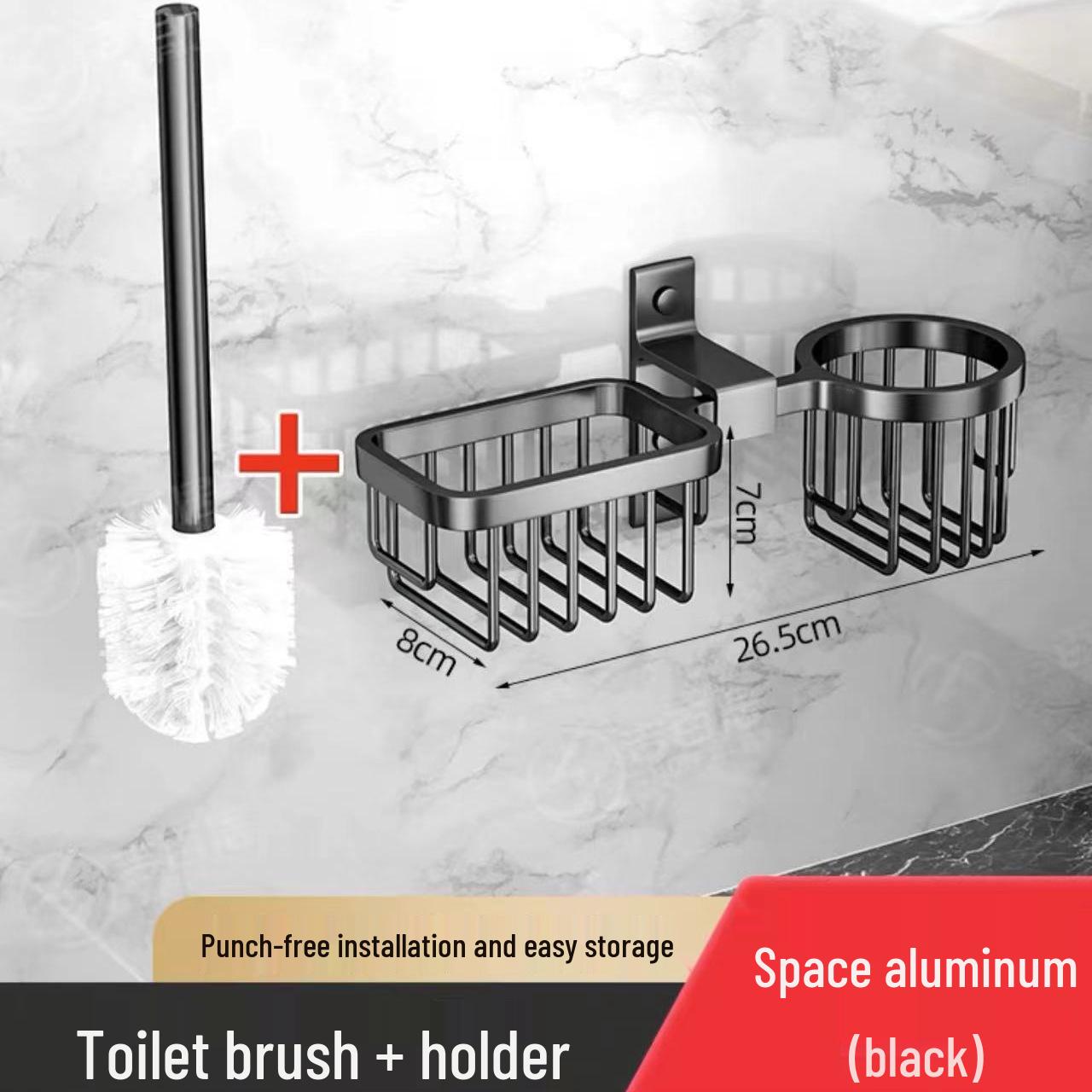 Wall-Mounted Space Aluminum Toilet Brush Set with Storage Rack, Punch-Free