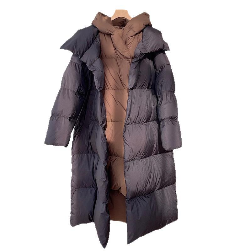 Contrasting color fake two-piece down jacket medium and long hooded warm white duck down jacket medium and long women's clothing winter