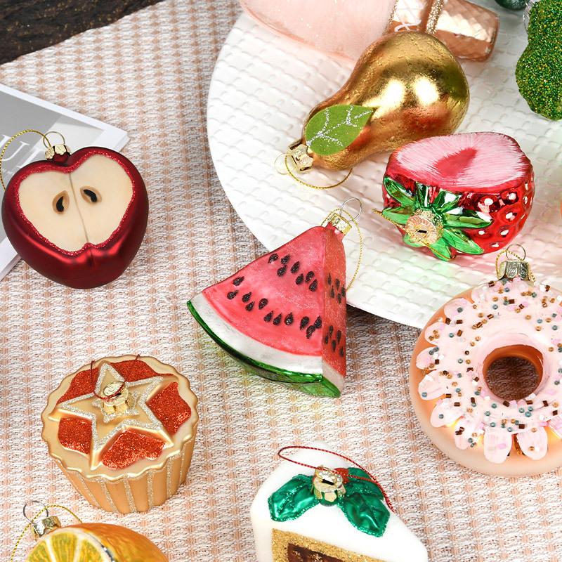 3Pcs Christmas Decorations Creative Hand-Painted Glass Pendant Fun Fruit and Vegetable Shaped Xmas Tree Hanging Ornaments Gifts