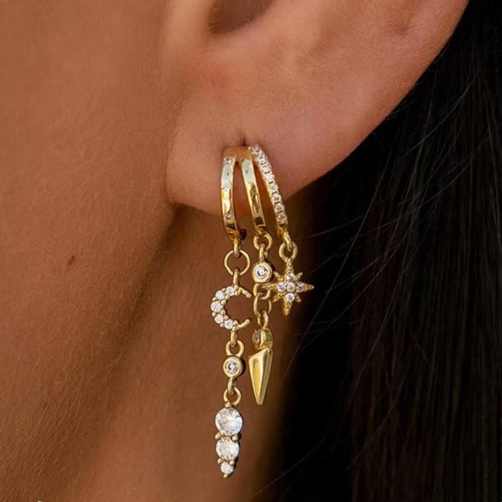 European and American Asymmetrical Star & Moon Earrings Set: Fashion Zircon Studs & Ear Cuffs