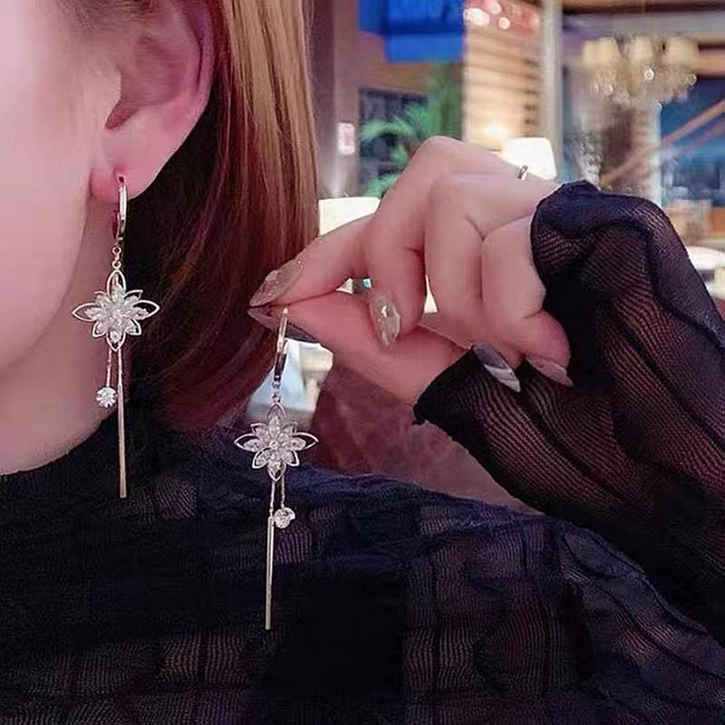 Zircon Flower Long Tassel Earrings: Korean Style, Slimming Face Design, S925 Silver Needle