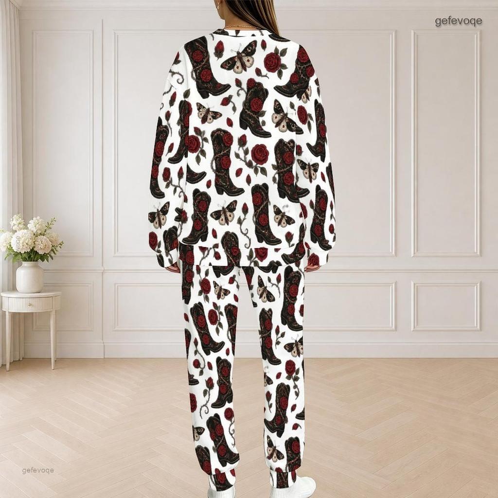 Women Plus Size Printed Two Piece Set Round Neck Long Sleeve Top And Long Pants