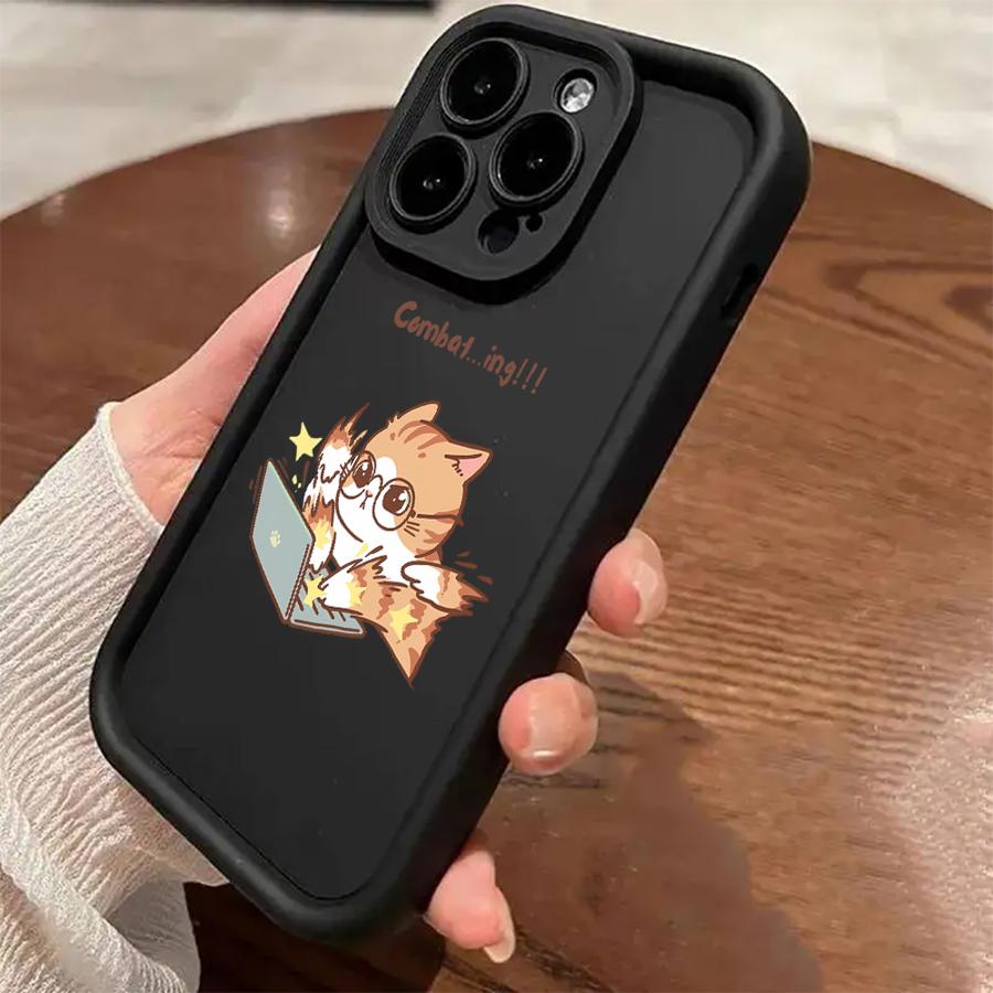 Phone Case for iPhone 11 13 14 16e 12 16 Pro Max 15 Plus Soft Shell 15Pro 14+ 13Pro 16+ Funny Cartoon Work Cat