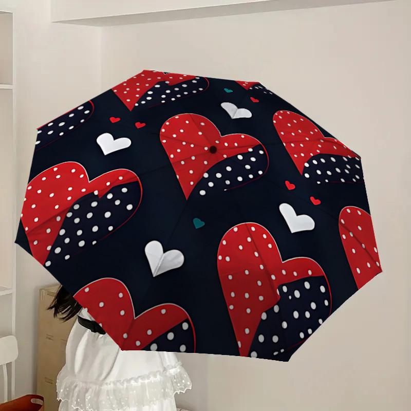 1pc Red Heart Pattern Automatic Folding Umbrella, Portable Collapsible Design, 8-Rib Iron Frame, Outdoor Accessory yy250905089