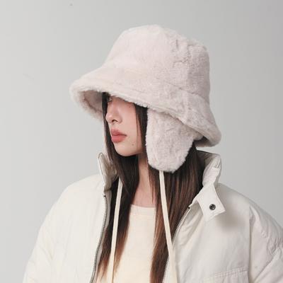 Winter Plush Earmuffs Bucket Hat For Women Faux Fur Outdoor Ear Protection Fishermen Cap Female Solid Color Thick Warm Basin Cap