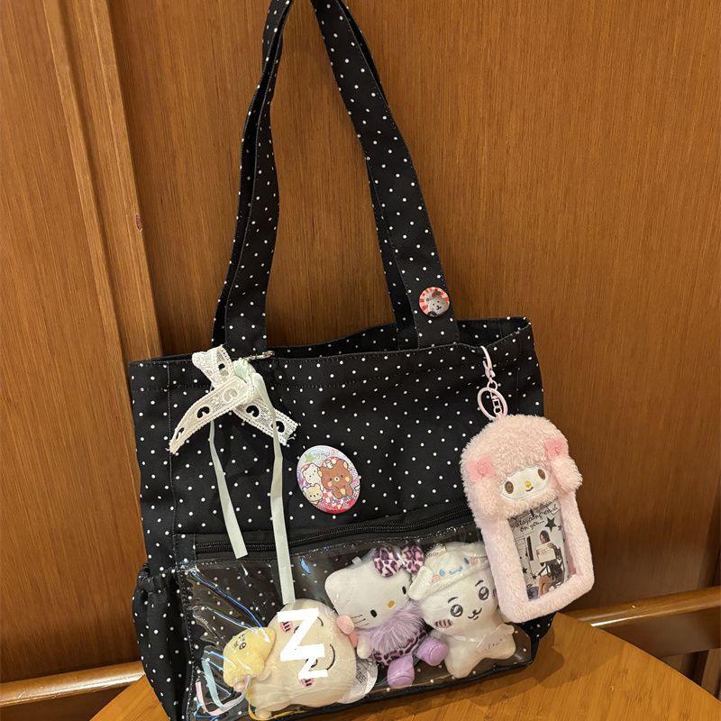 Polka Dot Anime Ita Bag: Large Capacity Canvas Tote with Versatile Shoulder Strap - Korean Style