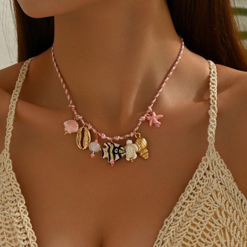 Braided Cord Shell Necklace Coastal Neckchain With Ceramic Ocean Details for Beach Vacation, Resort Wear and Casual Use