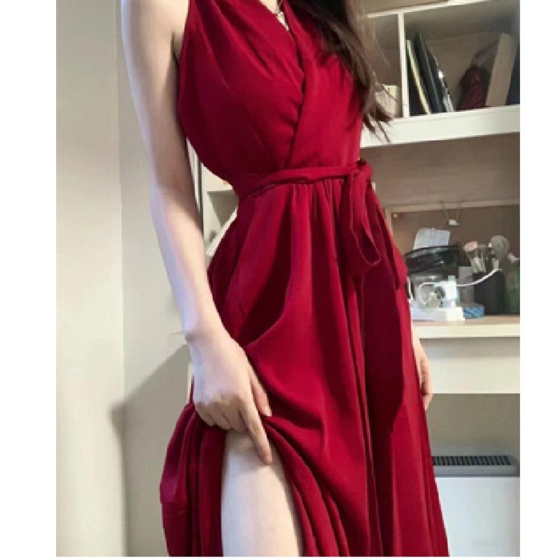 Royal Sister Red Halter Neck A-Line Dress - Slim Fit Mid-Length for Spring 2025