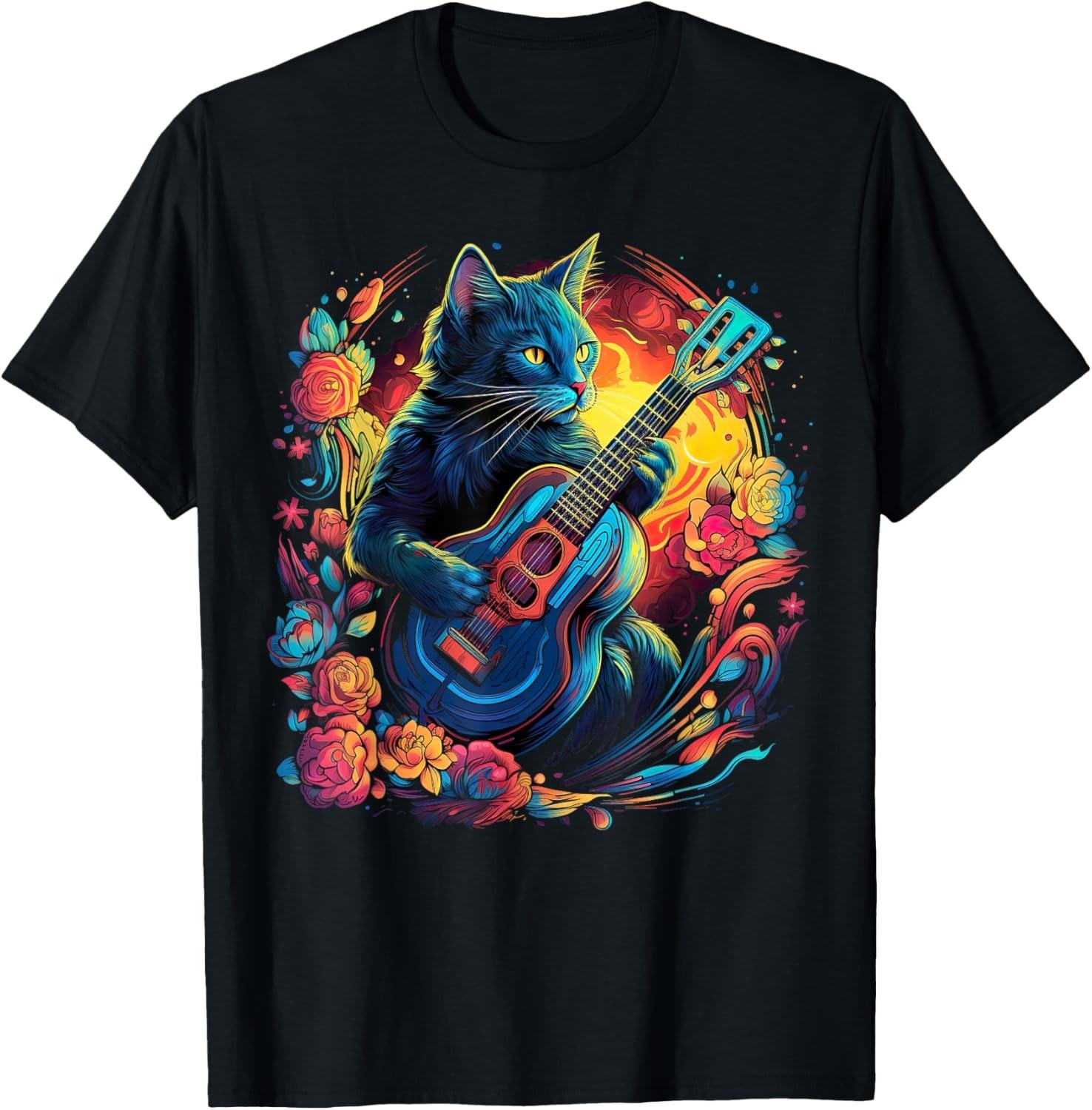 Rock Cat Playing Guitar Cat Funny Guitar Cat Kitty T-Shirt S