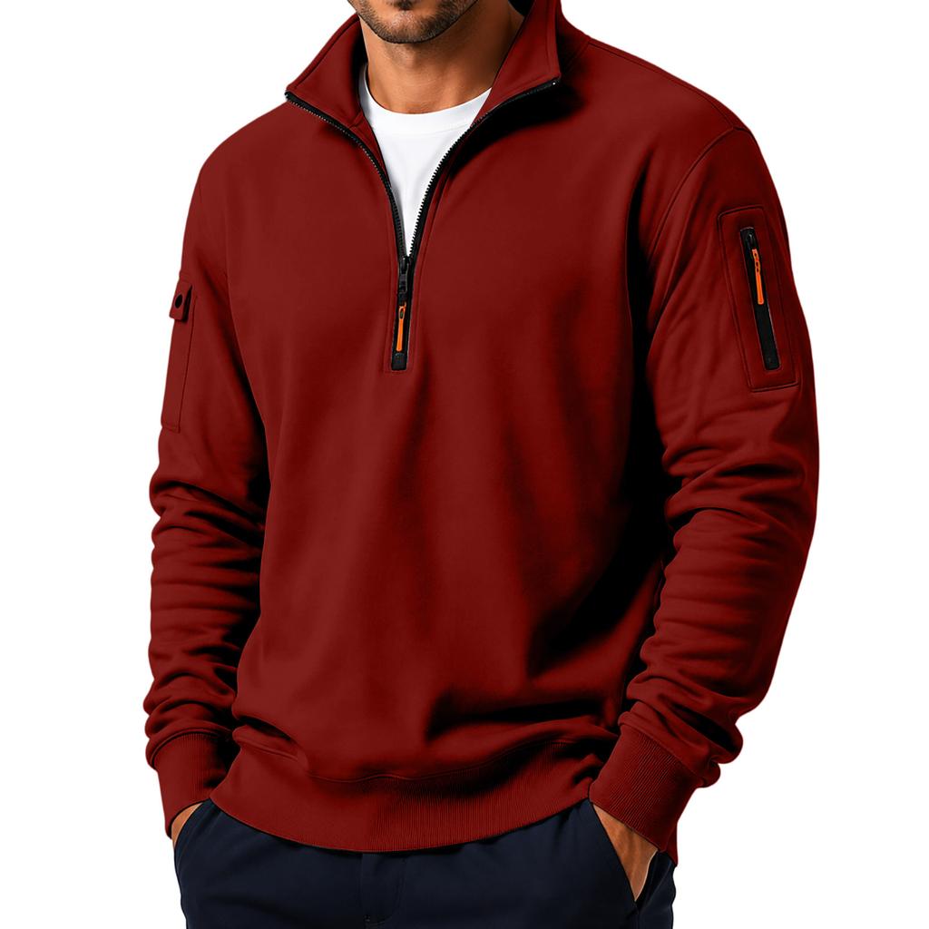 Men's Casual Quarter-Zip Sweatshirt with Stand Collar, Loose Fit and Multiple Pockets for Fall and Winter