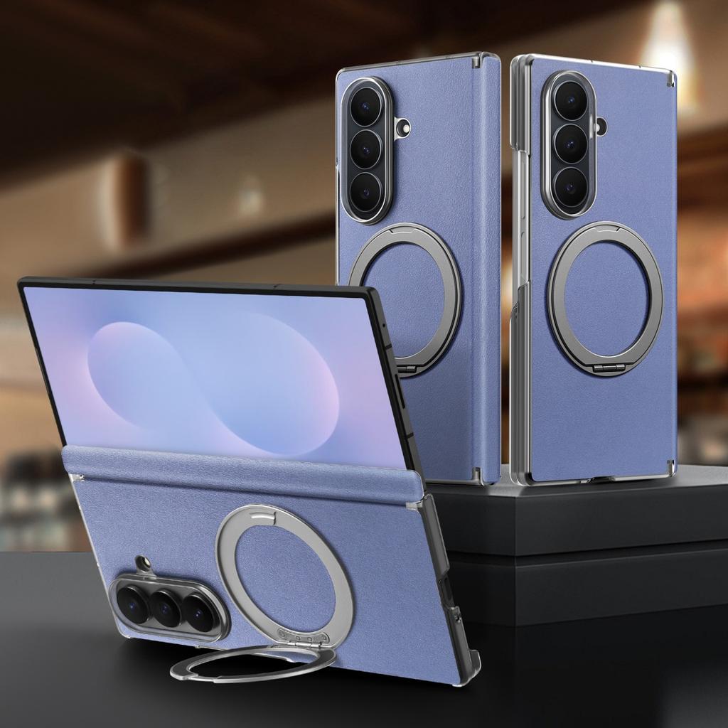 Leather for Magsafe Phone Case for Samsung Galaxy Z Fold 8 Ultra 7 6 360 Rotating Ring Stand Shockproof Hinge Protection Cover