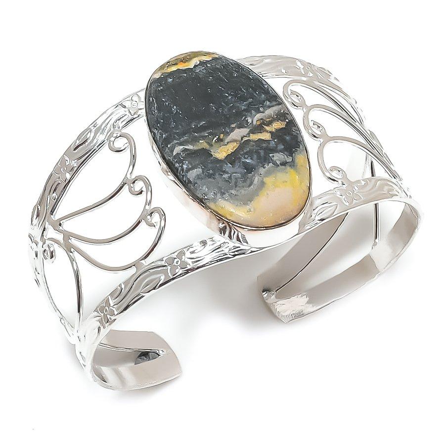 Natural Bumble Bee Jasper Gemstone 925 Sterling Silver Cuff Bangle Adj s3w24