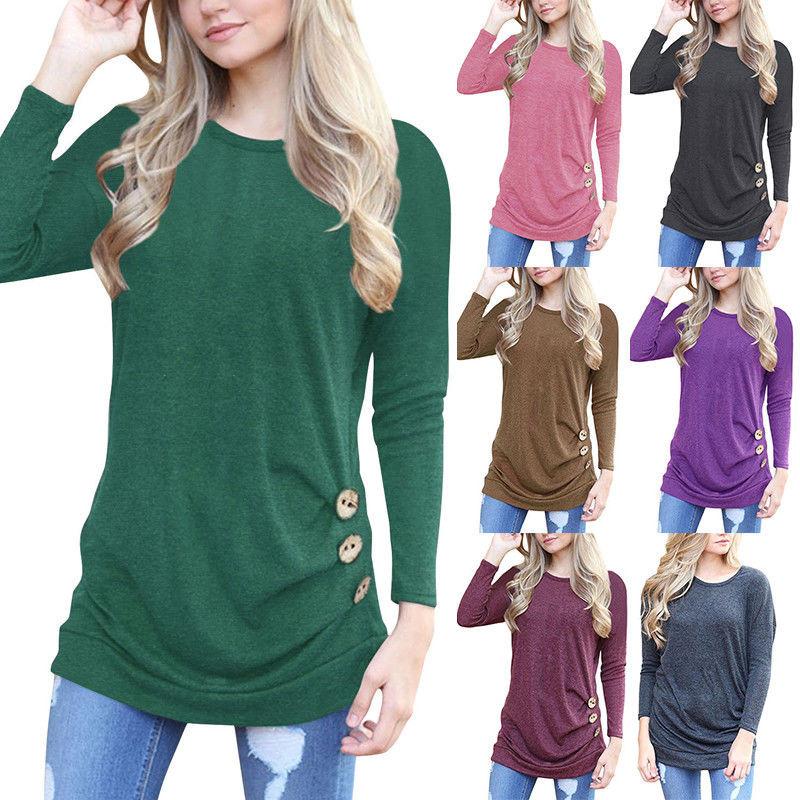 Stylish Long-sleeve Button Detail T-shirt For Women In Various Colors And Sizes