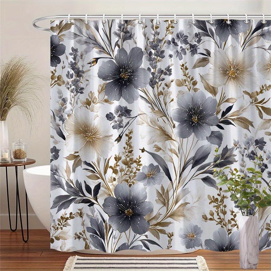 

1 Серо-бежевая цветочная шторка для душа, Элегантные кремово-белые и бежевые цветы с темными цветами и нежными листьями, с крючками 90X180cm