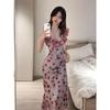 French ruffle leaf edge rose floral V-neck dress women's summer new high-end temperament slim and thin medium and long dress