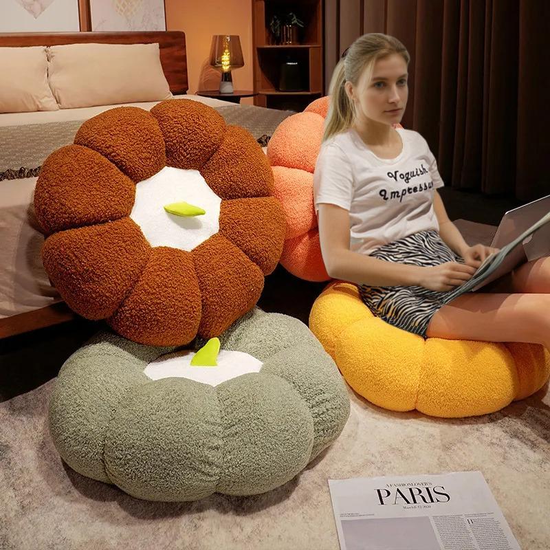 Plush Pumpkin Floor Cushion - Super Thick Tatami Seat Pad with Back Support, Soft Coral Fleece Pouf for Bedroom, Living Room & Bay Window
