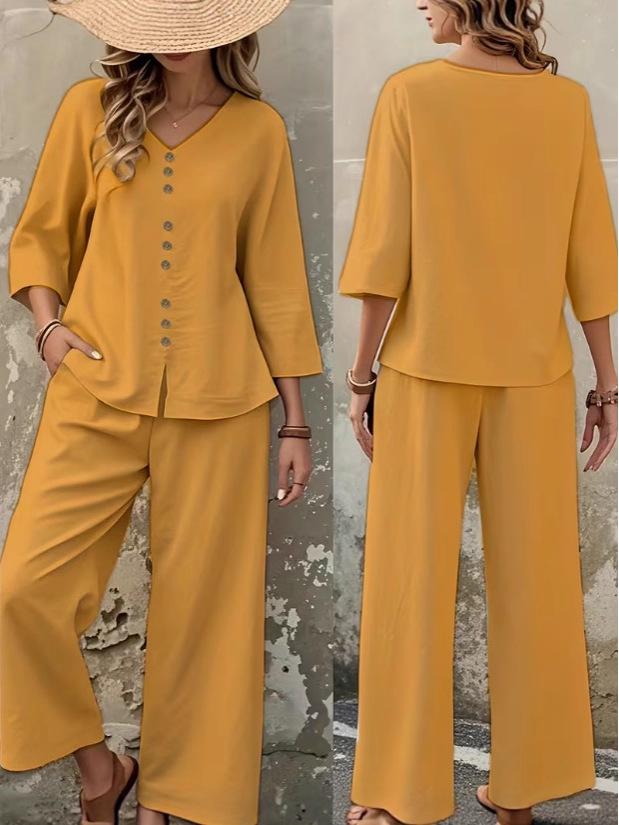 2025 Elegant Solid Color Top and Pants Set with Button Details