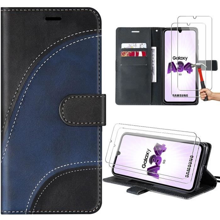 Coque de protection - BOOLING - pour Samsung Galaxy A34 5G - Motif Abstrait - Effet Cuir - Noir - avec 2 Verres Trempés