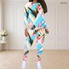 Women Plus Size Round Neck Long Sleeve Printed Blue Pink White Top And Fitted Pants Two Piece Set
