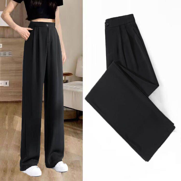 Ice Silk High-Waist Wide-Leg Pants - Women's Plus Size, Spring/Summer, Casual Black Drape