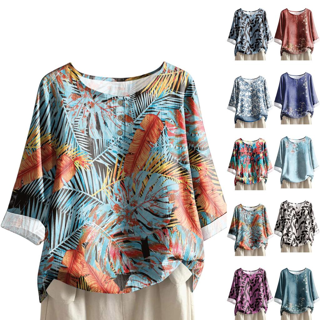 Women's Casual Three-quarter Sleeve Round Neck Gradient Color Printed Cotton And Linen Top