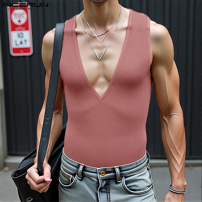 INCERUN Summer Men Deep V Sleeveless Solid Casual Fitted Rib Tank Tops Undershirts