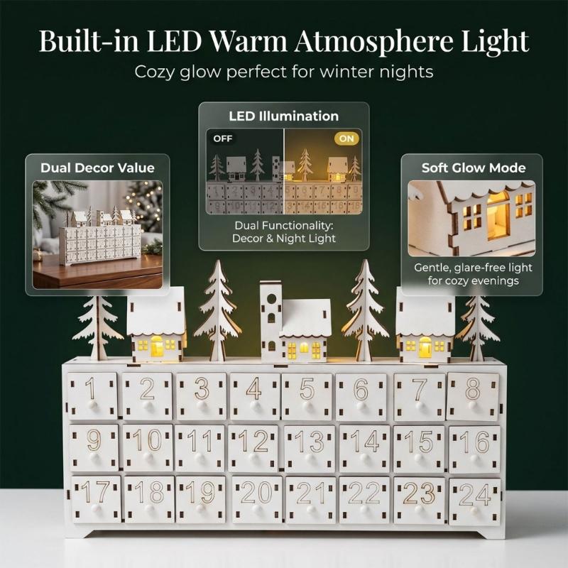Wooden Advent Calendar with LED Village Lights, 24 Numbered Drawers for Daily Christmas Surprises Plus Seasonal Shelf Display