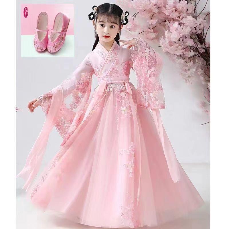 Hanfu Girls' Cherry Blossom Ruqun Dress - Long Sleeve Ancient Chinese Style for Spring & Autumn