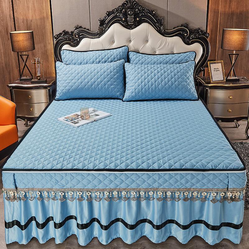 Seaweed Cotton Quilted Bed Skirt One-Piece Thickened Warm Removable Lace Bedspread Brushed Mattress Cover Three-Piece Set